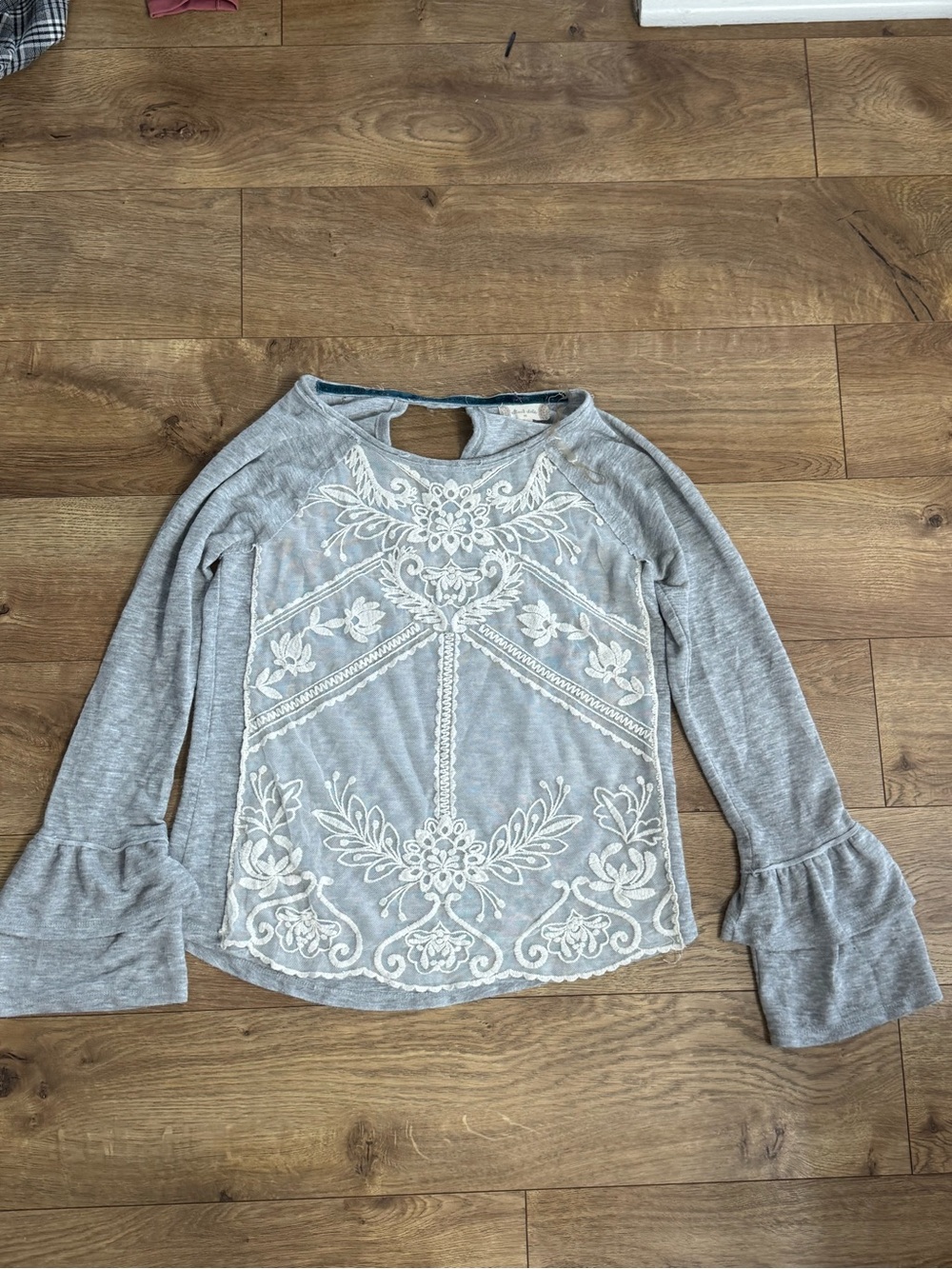 Altar'd State Light Gray Embroidered Bell Sleeve Top